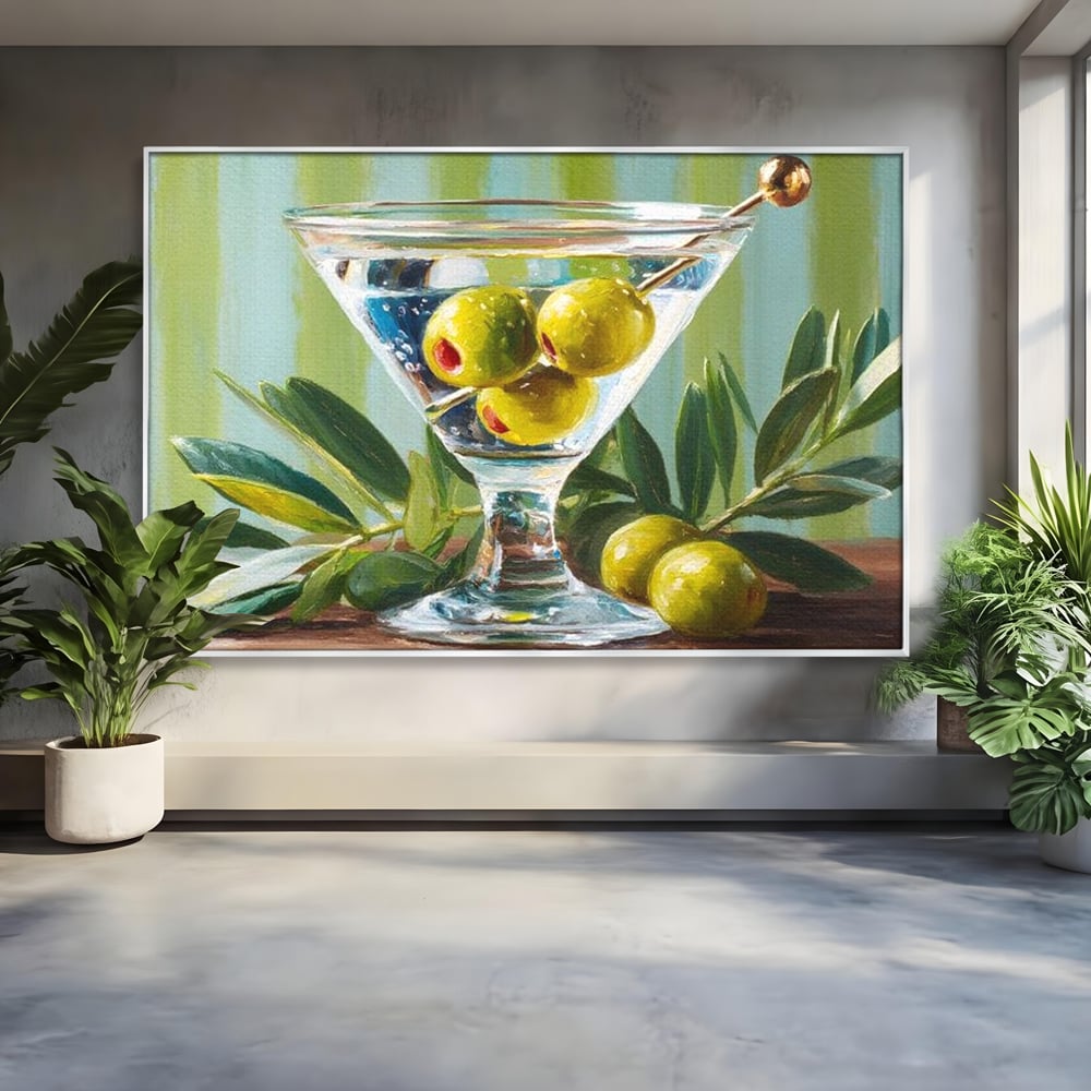 Tablou Canvas Premium, LuxCanva® N1121, Un Martini pe Zi, Cocktail, Pahar, Bautura, Masline, Frunze, Sofisticat, Rafinat, Pub, Lounge, Bar, Restaurant, Bucatarie