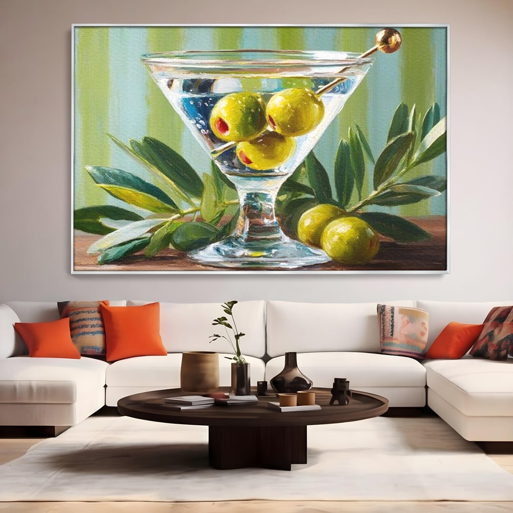 Tablou Canvas Premium, LuxCanva® N1121, Un Martini pe Zi, Cocktail, Pahar, Bautura, Masline, Frunze, Sofisticat, Rafinat, Pub, Lounge, Bar, Restaurant, Bucatarie