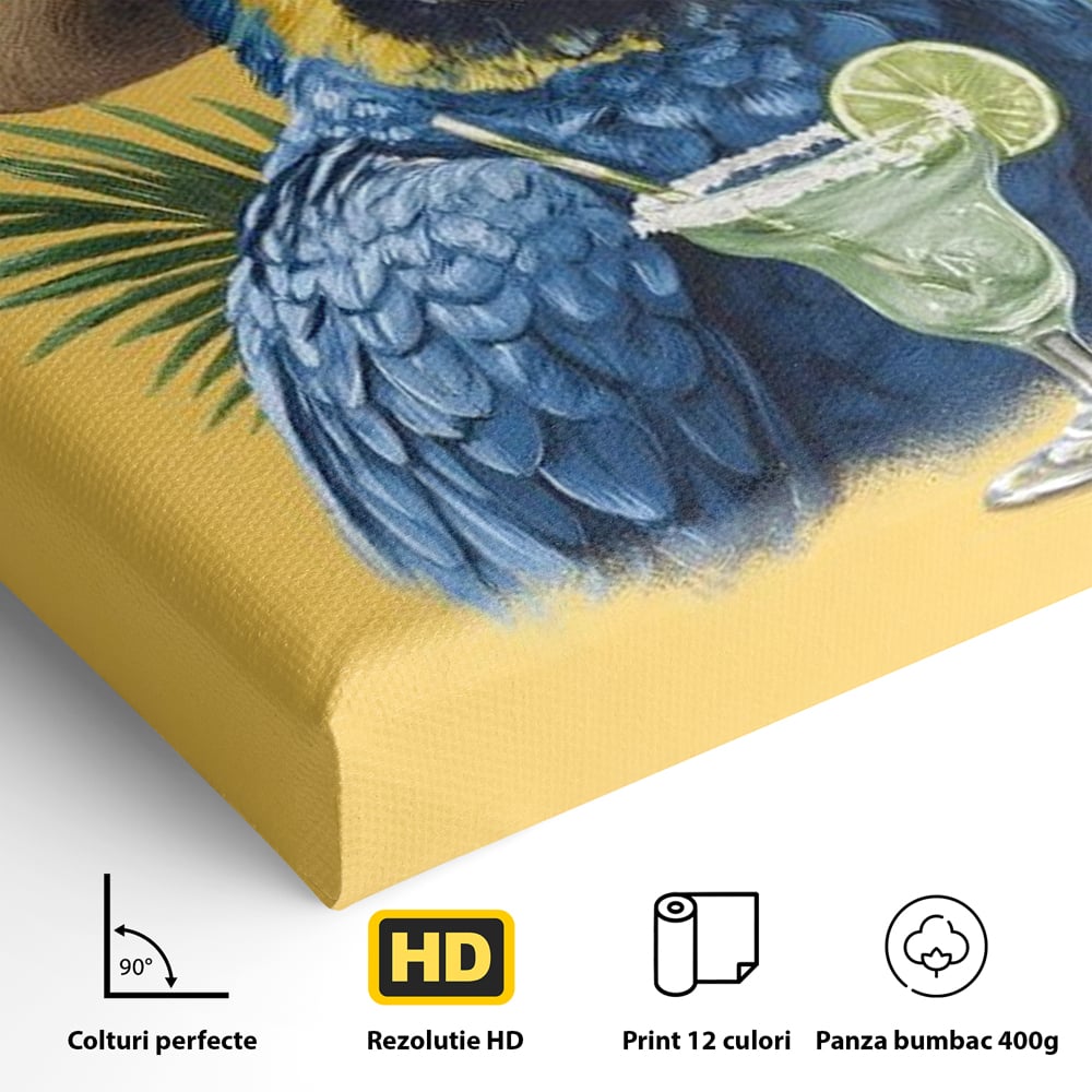 Leinwand Wandbilder Premium, LuxCanva® N1122, Sombrero Party, Papagei, Gläser, Sombrero, Exotisch, Vogel, Urlaub, Tropisch, Cocktail, Getränk, Kneipe, Lounge, Bar, Restaurant, Küche