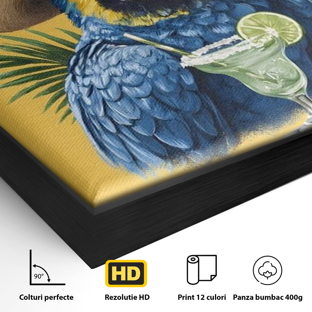 Leinwand Wandbilder Premium, LuxCanva® N1122, Sombrero Party, Papagei, Gläser, Sombrero, Exotisch, Vogel, Urlaub, Tropisch, Cocktail, Getränk, Kneipe, Lounge, Bar, Restaurant, Küche