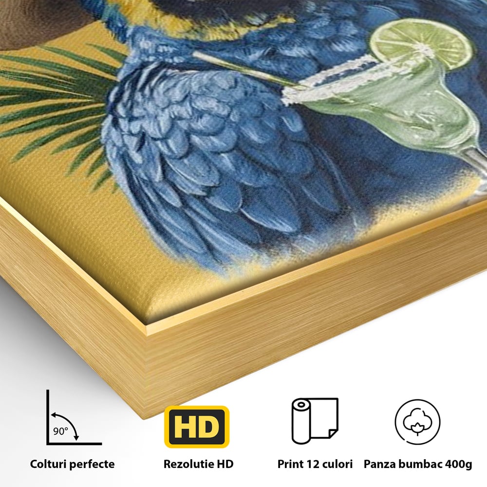 Leinwand Wandbilder Premium, LuxCanva® N1122, Sombrero Party, Papagei, Gläser, Sombrero, Exotisch, Vogel, Urlaub, Tropisch, Cocktail, Getränk, Kneipe, Lounge, Bar, Restaurant, Küche