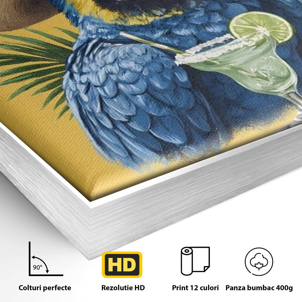Leinwand Wandbilder Premium, LuxCanva® N1122, Sombrero Party, Papagei, Gläser, Sombrero, Exotisch, Vogel, Urlaub, Tropisch, Cocktail, Getränk, Kneipe, Lounge, Bar, Restaurant, Küche