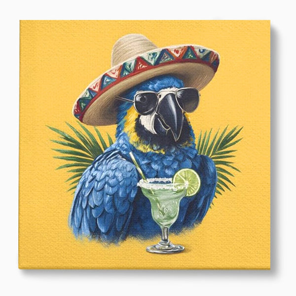 Leinwand Wandbilder Premium, LuxCanva® N1122, Sombrero Party, Papagei, Gläser, Sombrero, Exotisch, Vogel, Urlaub, Tropisch, Cocktail, Getränk, Kneipe, Lounge, Bar, Restaurant, Küche