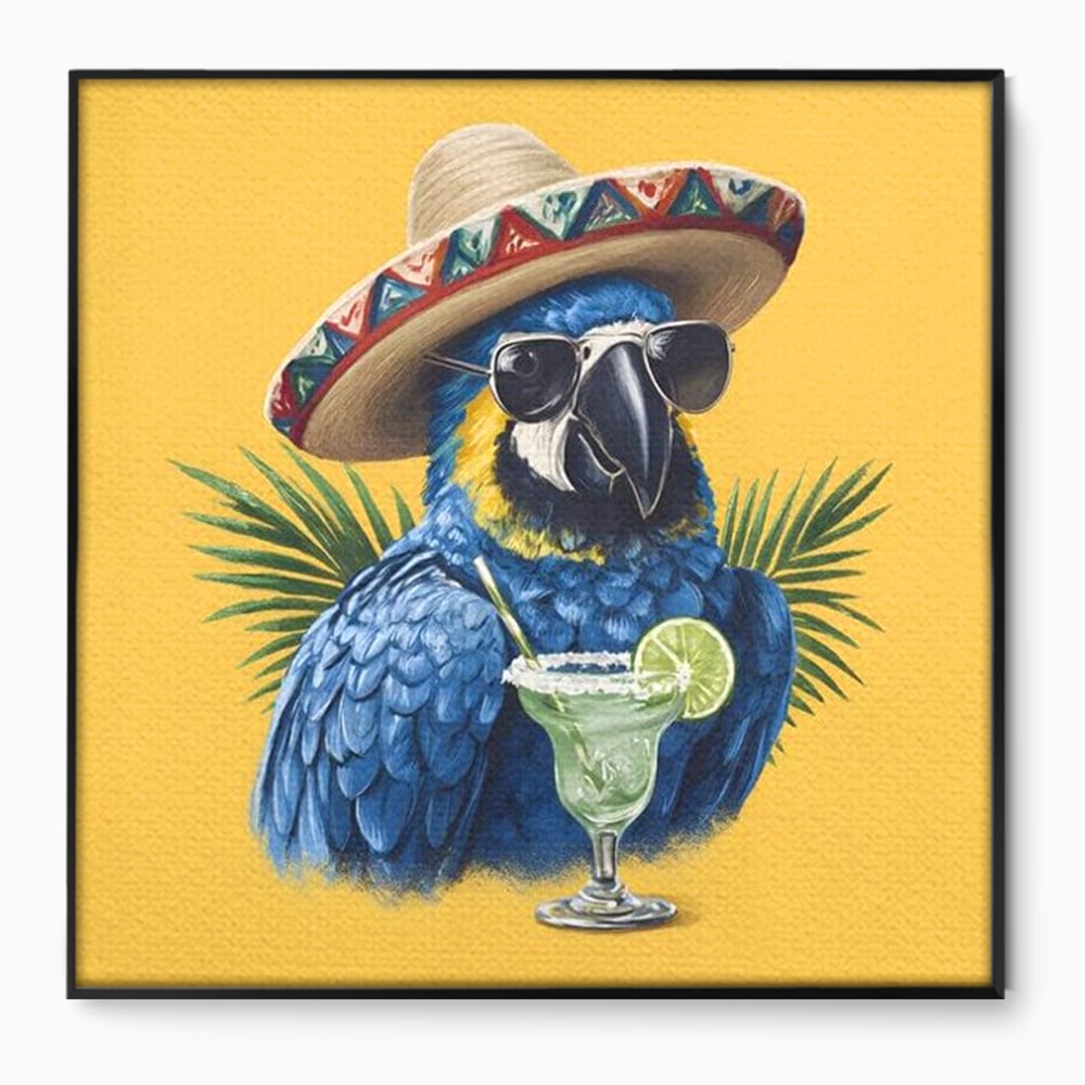 Leinwand Wandbilder Premium, LuxCanva® N1122, Sombrero Party, Papagei, Gläser, Sombrero, Exotisch, Vogel, Urlaub, Tropisch, Cocktail, Getränk, Kneipe, Lounge, Bar, Restaurant, Küche