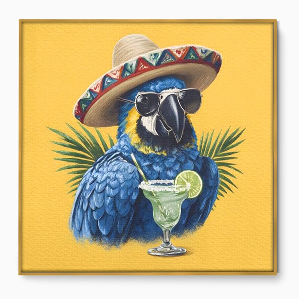 Leinwand Wandbilder Premium, LuxCanva® N1122, Sombrero Party, Papagei, Gläser, Sombrero, Exotisch, Vogel, Urlaub, Tropisch, Cocktail, Getränk, Kneipe, Lounge, Bar, Restaurant, Küche