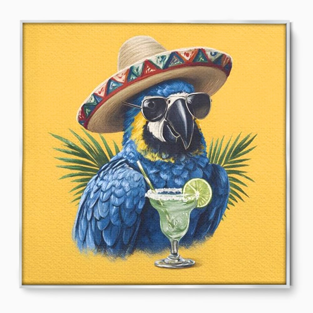 Leinwand Wandbilder Premium, LuxCanva® N1122, Sombrero Party, Papagei, Gläser, Sombrero, Exotisch, Vogel, Urlaub, Tropisch, Cocktail, Getränk, Kneipe, Lounge, Bar, Restaurant, Küche