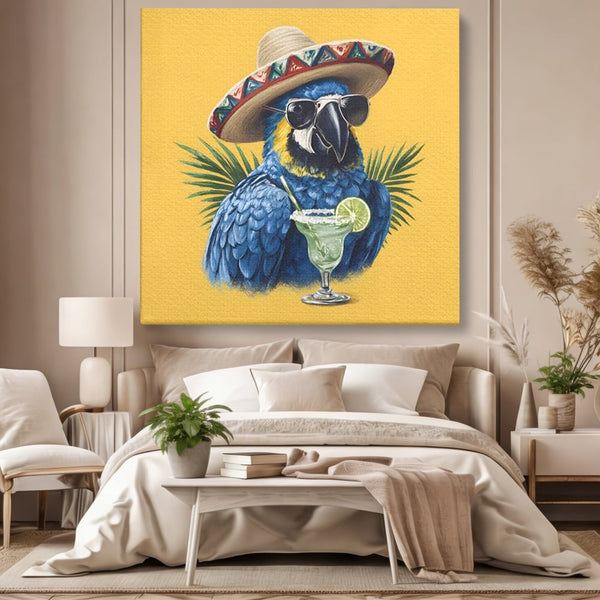 Leinwand Wandbilder Premium, LuxCanva® N1122, Sombrero Party, Papagei, Gläser, Sombrero, Exotisch, Vogel, Urlaub, Tropisch, Cocktail, Getränk, Kneipe, Lounge, Bar, Restaurant, Küche