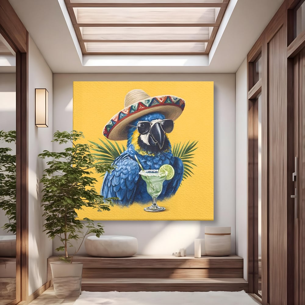 Leinwand Wandbilder Premium, LuxCanva® N1122, Sombrero Party, Papagei, Gläser, Sombrero, Exotisch, Vogel, Urlaub, Tropisch, Cocktail, Getränk, Kneipe, Lounge, Bar, Restaurant, Küche