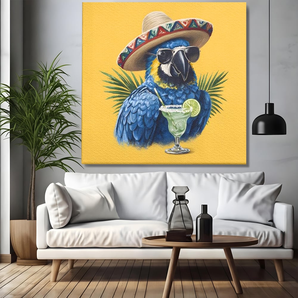 Leinwand Wandbilder Premium, LuxCanva® N1122, Sombrero Party, Papagei, Gläser, Sombrero, Exotisch, Vogel, Urlaub, Tropisch, Cocktail, Getränk, Kneipe, Lounge, Bar, Restaurant, Küche