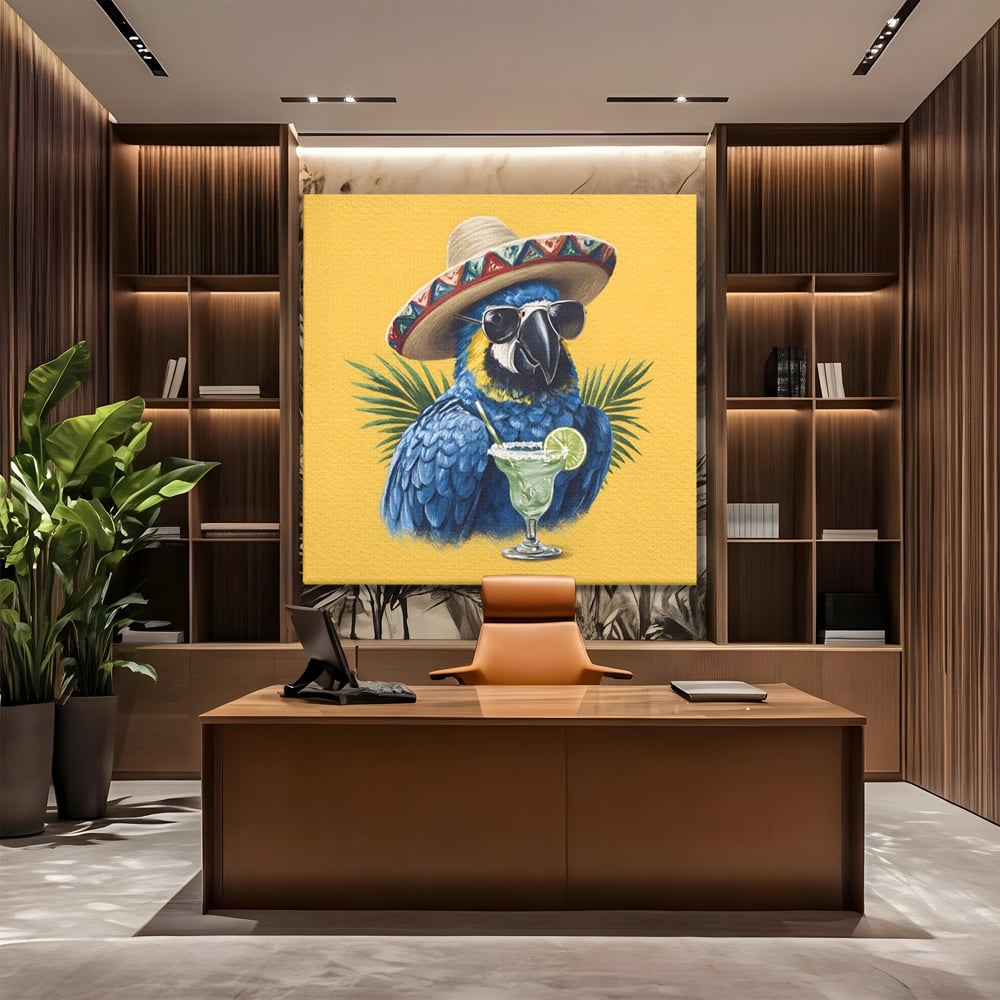 Leinwand Wandbilder Premium, LuxCanva® N1122, Sombrero Party, Papagei, Gläser, Sombrero, Exotisch, Vogel, Urlaub, Tropisch, Cocktail, Getränk, Kneipe, Lounge, Bar, Restaurant, Küche