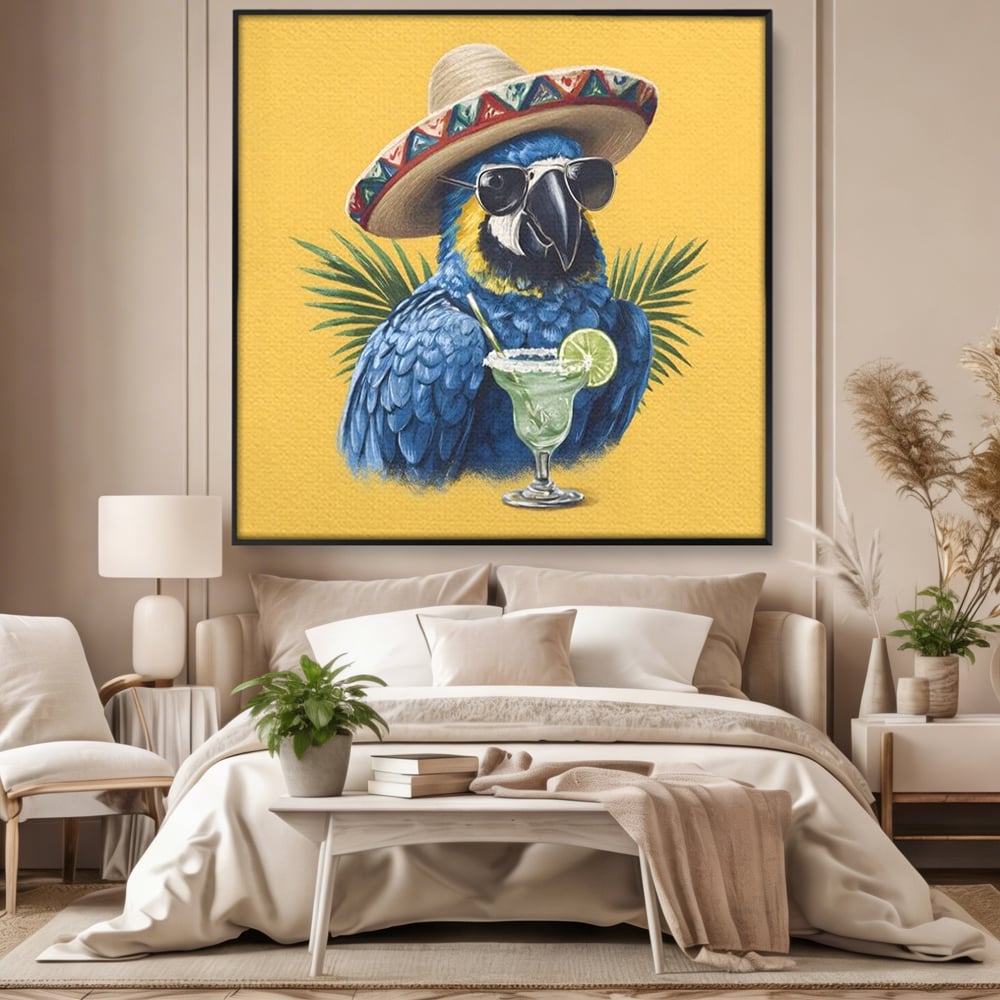 Leinwand Wandbilder Premium, LuxCanva® N1122, Sombrero Party, Papagei, Gläser, Sombrero, Exotisch, Vogel, Urlaub, Tropisch, Cocktail, Getränk, Kneipe, Lounge, Bar, Restaurant, Küche