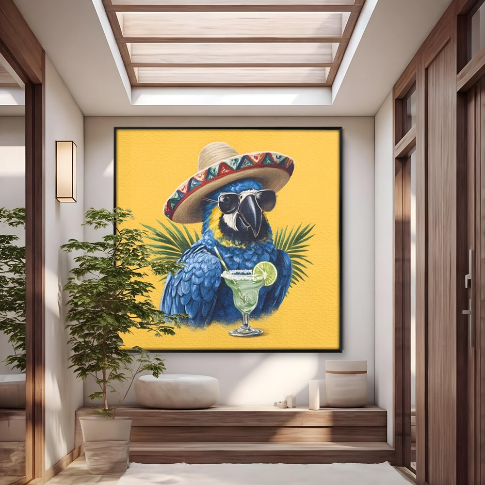 Leinwand Wandbilder Premium, LuxCanva® N1122, Sombrero Party, Papagei, Gläser, Sombrero, Exotisch, Vogel, Urlaub, Tropisch, Cocktail, Getränk, Kneipe, Lounge, Bar, Restaurant, Küche