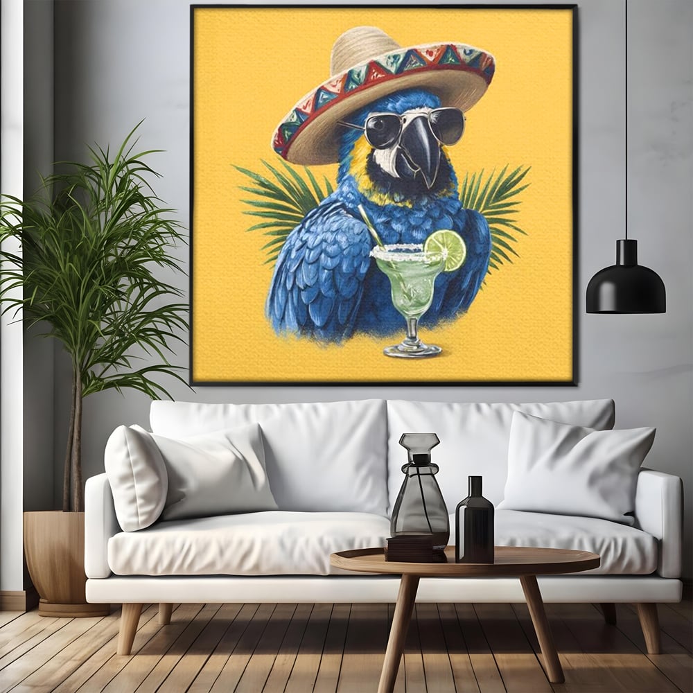 Leinwand Wandbilder Premium, LuxCanva® N1122, Sombrero Party, Papagei, Gläser, Sombrero, Exotisch, Vogel, Urlaub, Tropisch, Cocktail, Getränk, Kneipe, Lounge, Bar, Restaurant, Küche