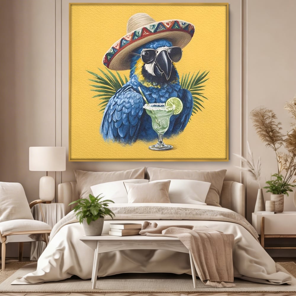 Leinwand Wandbilder Premium, LuxCanva® N1122, Sombrero Party, Papagei, Gläser, Sombrero, Exotisch, Vogel, Urlaub, Tropisch, Cocktail, Getränk, Kneipe, Lounge, Bar, Restaurant, Küche