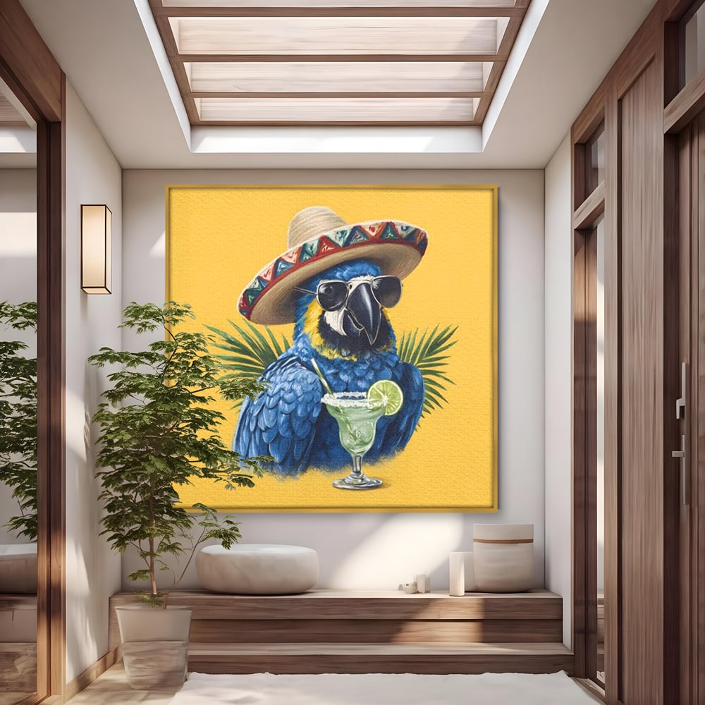 Leinwand Wandbilder Premium, LuxCanva® N1122, Sombrero Party, Papagei, Gläser, Sombrero, Exotisch, Vogel, Urlaub, Tropisch, Cocktail, Getränk, Kneipe, Lounge, Bar, Restaurant, Küche