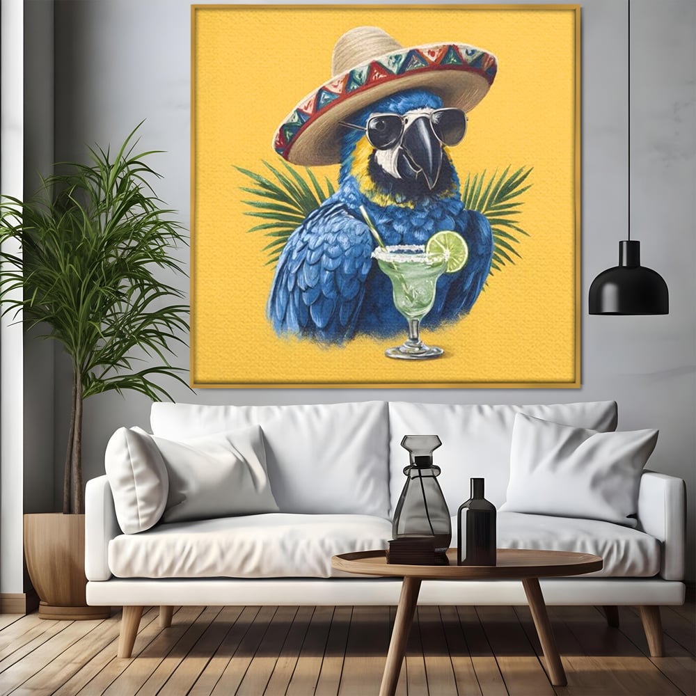 Leinwand Wandbilder Premium, LuxCanva® N1122, Sombrero Party, Papagei, Gläser, Sombrero, Exotisch, Vogel, Urlaub, Tropisch, Cocktail, Getränk, Kneipe, Lounge, Bar, Restaurant, Küche
