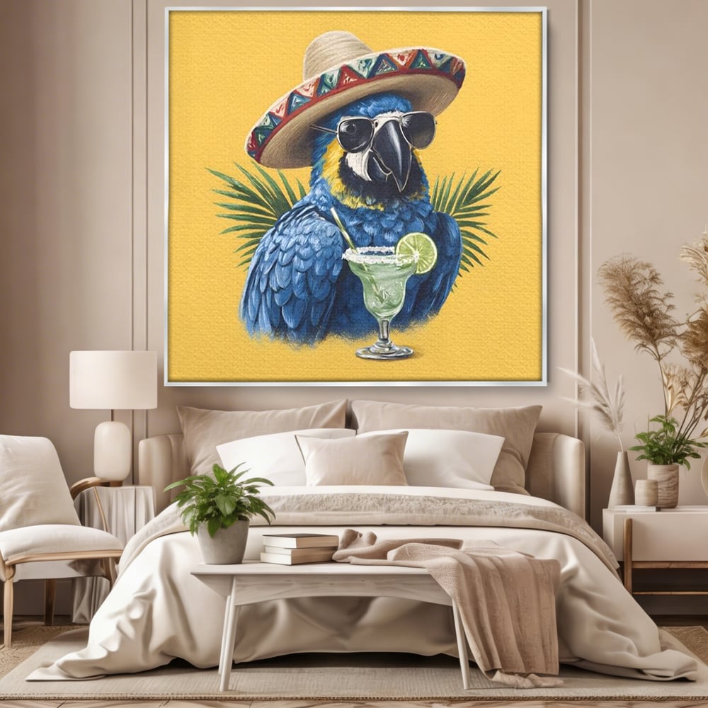 Leinwand Wandbilder Premium, LuxCanva® N1122, Sombrero Party, Papagei, Gläser, Sombrero, Exotisch, Vogel, Urlaub, Tropisch, Cocktail, Getränk, Kneipe, Lounge, Bar, Restaurant, Küche