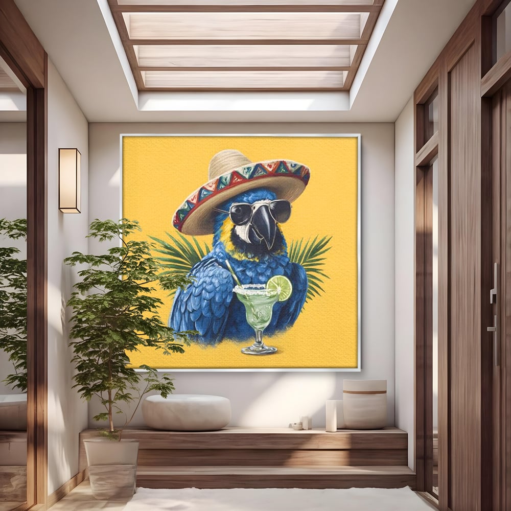Leinwand Wandbilder Premium, LuxCanva® N1122, Sombrero Party, Papagei, Gläser, Sombrero, Exotisch, Vogel, Urlaub, Tropisch, Cocktail, Getränk, Kneipe, Lounge, Bar, Restaurant, Küche