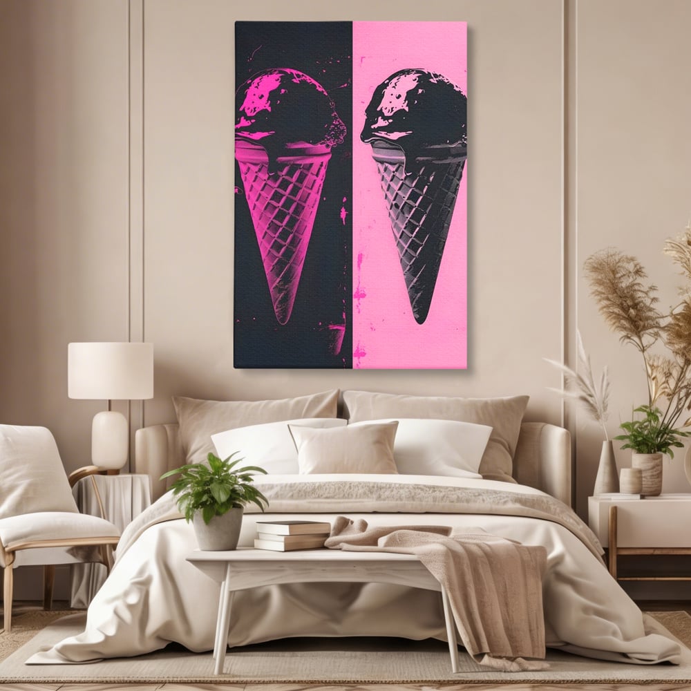 Leinwand Premium Leinwand Wandbilder, LuxCanva® N1123, Wüste Neon, Pop Art, Rosa, Süß, Eiscreme, Neon, Cool, Vibe, Modern, Eiscreme, Konditorei, Restaurant, Küche