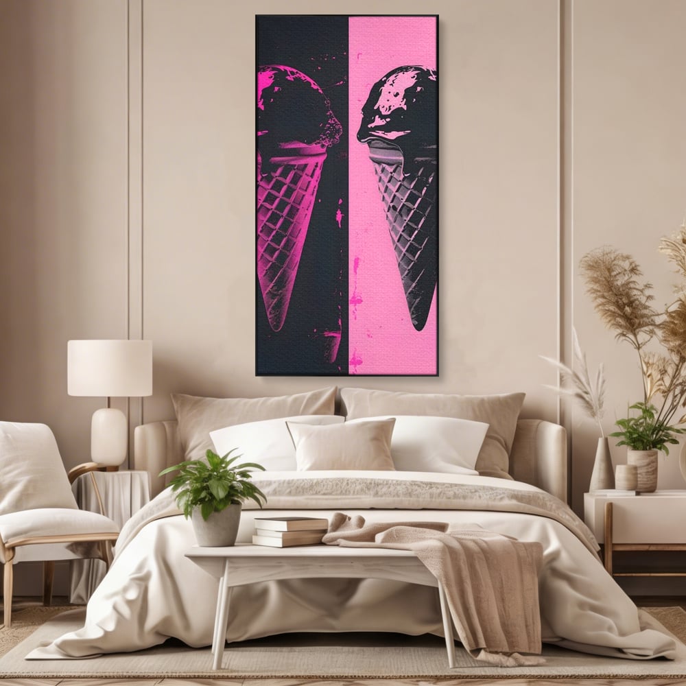 Leinwand Premium Leinwand Wandbilder, LuxCanva® N1123, Wüste Neon, Pop Art, Rosa, Süß, Eiscreme, Neon, Cool, Vibe, Modern, Eiscreme, Konditorei, Restaurant, Küche
