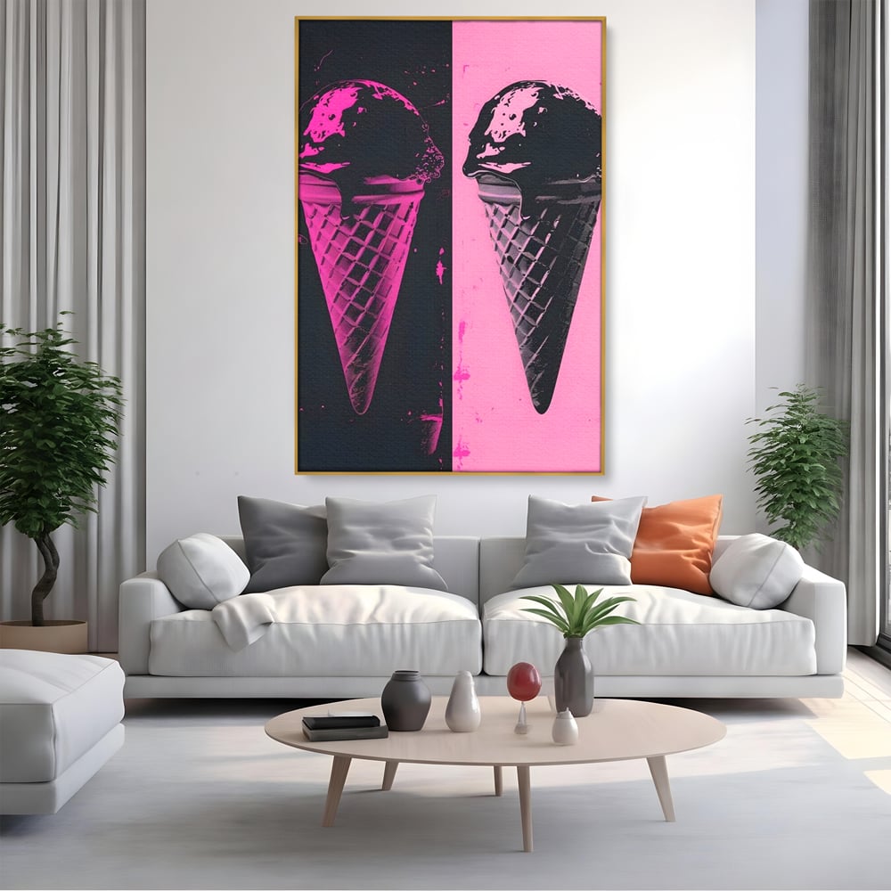 Leinwand Premium Leinwand Wandbilder, LuxCanva® N1123, Wüste Neon, Pop Art, Rosa, Süß, Eiscreme, Neon, Cool, Vibe, Modern, Eiscreme, Konditorei, Restaurant, Küche
