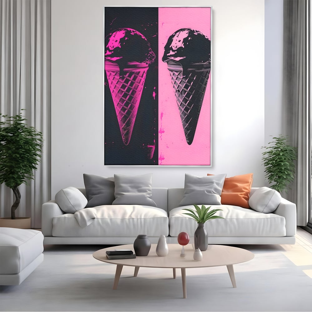 Leinwand Premium Leinwand Wandbilder, LuxCanva® N1123, Wüste Neon, Pop Art, Rosa, Süß, Eiscreme, Neon, Cool, Vibe, Modern, Eiscreme, Konditorei, Restaurant, Küche