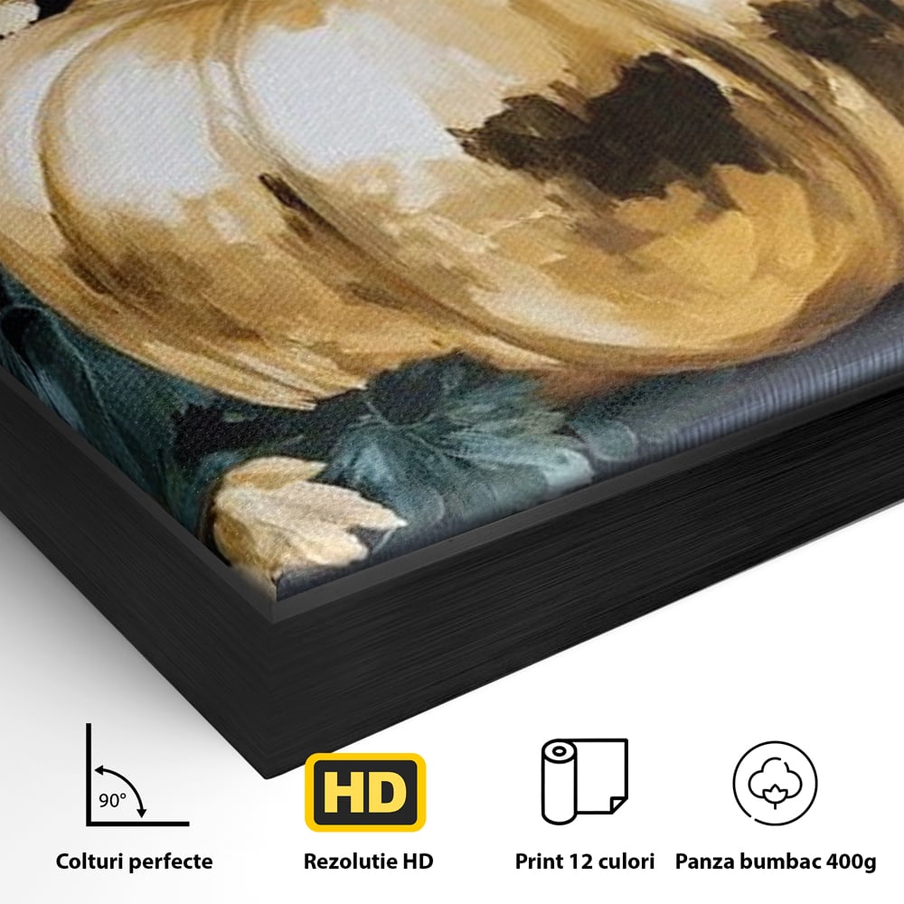 Leinwand Premium Canvas Wandkunst, LuxCanva® N1124, Goldener Kürbis, Herbst, Ernte, Blätter, Golden, Kürbis, Luxus, Metallisch, Künstlerisch, Veredelung, Restaurant, Küche
