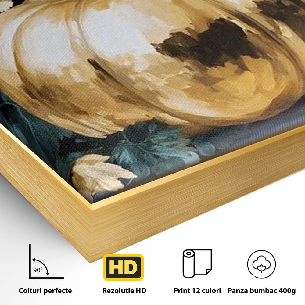 Leinwand Premium Canvas Wandkunst, LuxCanva® N1124, Goldener Kürbis, Herbst, Ernte, Blätter, Golden, Kürbis, Luxus, Metallisch, Künstlerisch, Veredelung, Restaurant, Küche