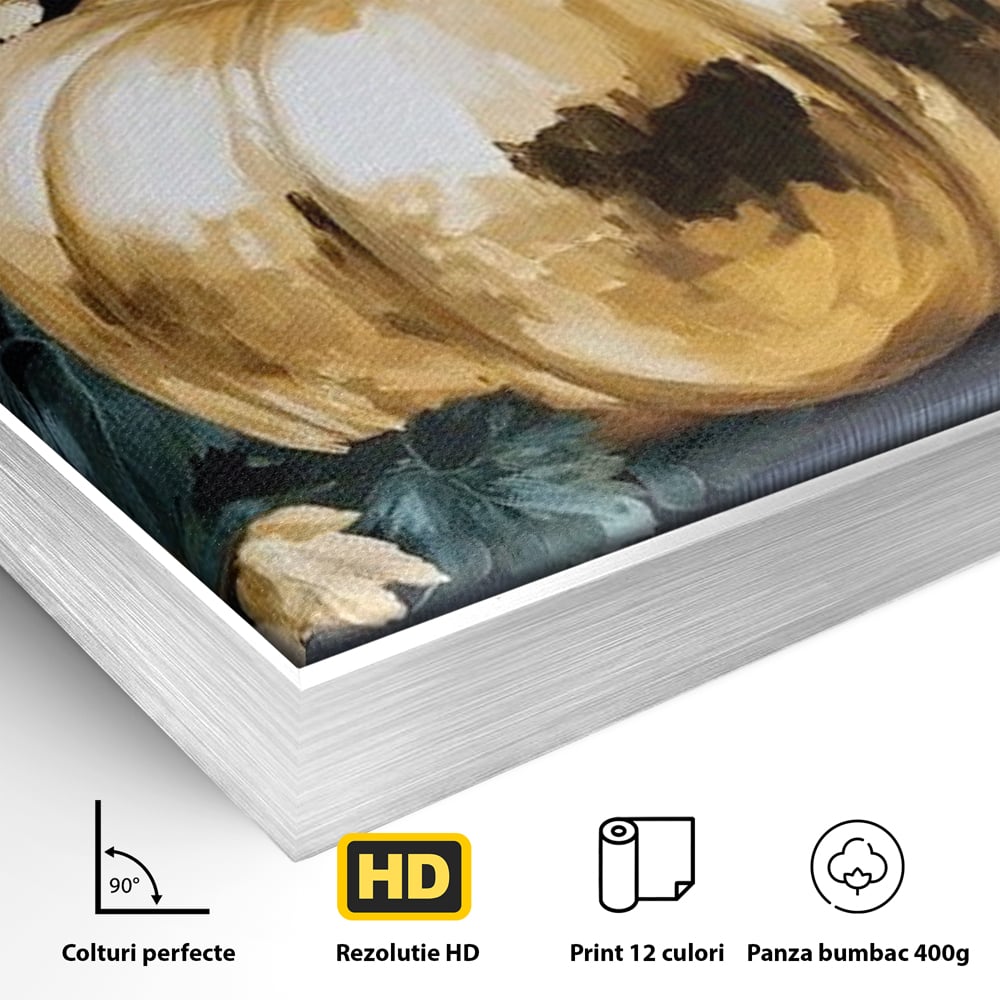 Leinwand Premium Canvas Wandkunst, LuxCanva® N1124, Goldener Kürbis, Herbst, Ernte, Blätter, Golden, Kürbis, Luxus, Metallisch, Künstlerisch, Veredelung, Restaurant, Küche