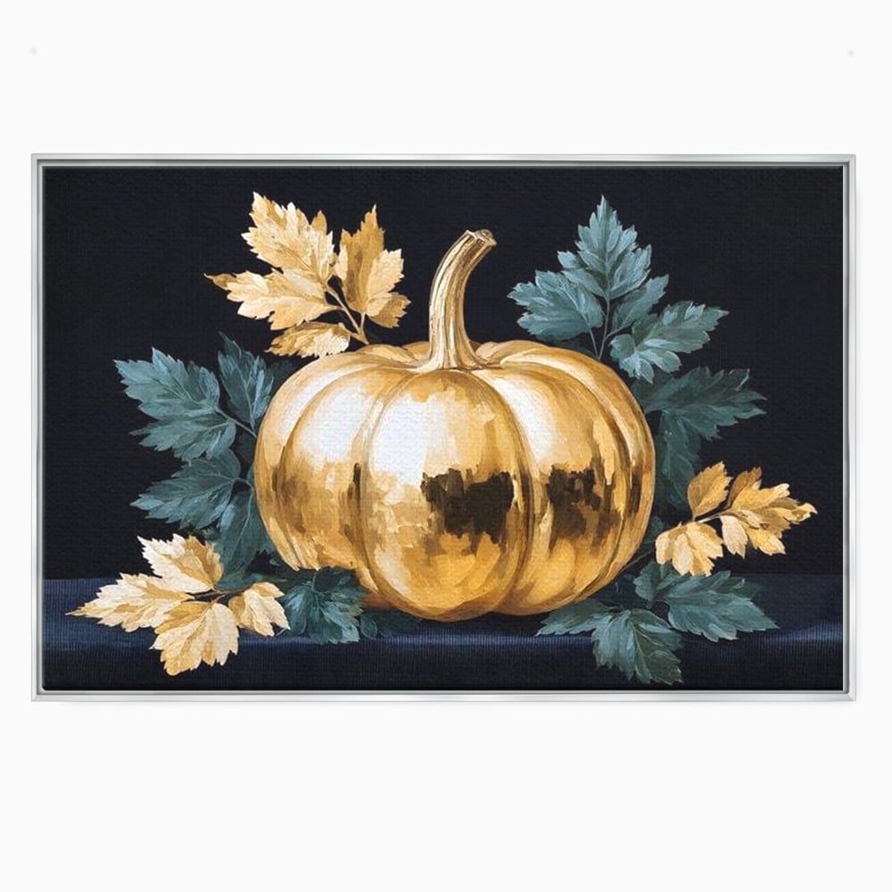 Leinwand Premium Canvas Wandkunst, LuxCanva® N1124, Goldener Kürbis, Herbst, Ernte, Blätter, Golden, Kürbis, Luxus, Metallisch, Künstlerisch, Veredelung, Restaurant, Küche