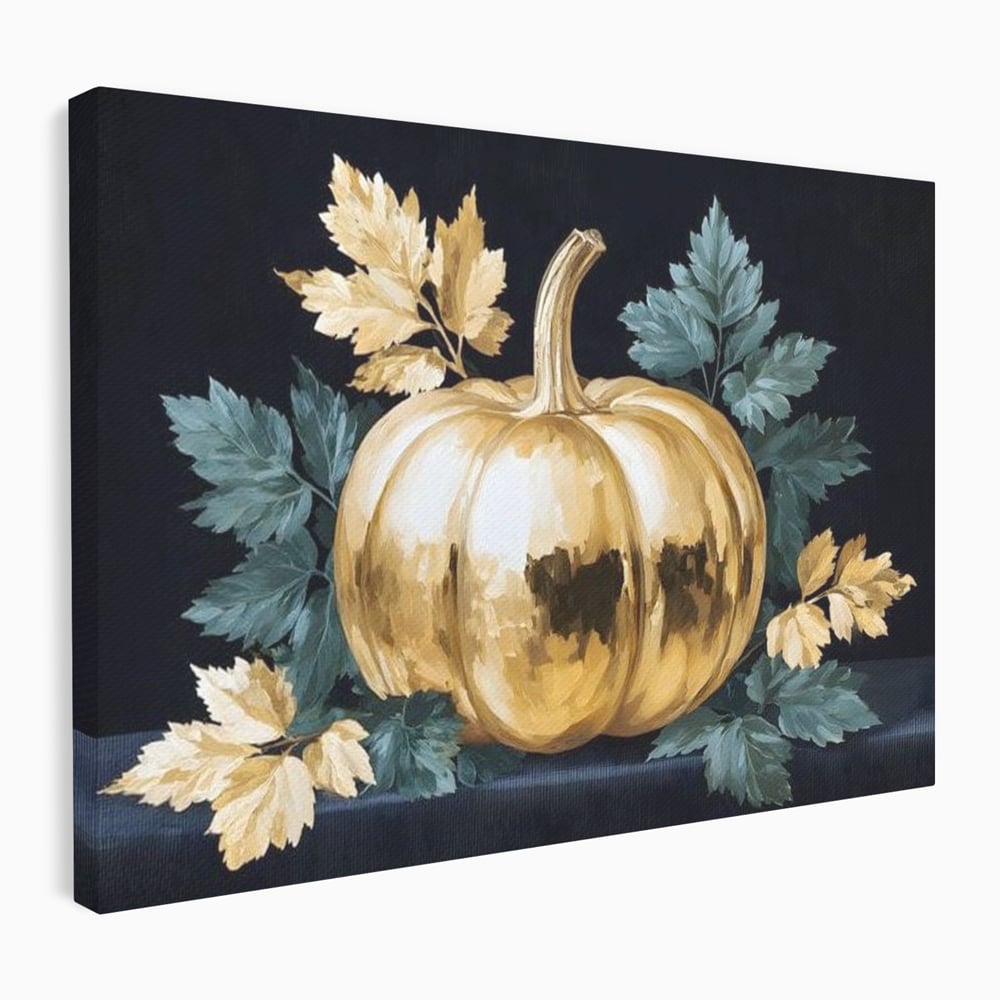 Leinwand Premium Canvas Wandkunst, LuxCanva® N1124, Goldener Kürbis, Herbst, Ernte, Blätter, Golden, Kürbis, Luxus, Metallisch, Künstlerisch, Veredelung, Restaurant, Küche