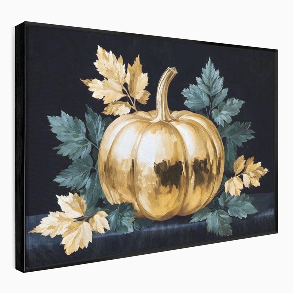 Leinwand Premium Canvas Wandkunst, LuxCanva® N1124, Goldener Kürbis, Herbst, Ernte, Blätter, Golden, Kürbis, Luxus, Metallisch, Künstlerisch, Veredelung, Restaurant, Küche