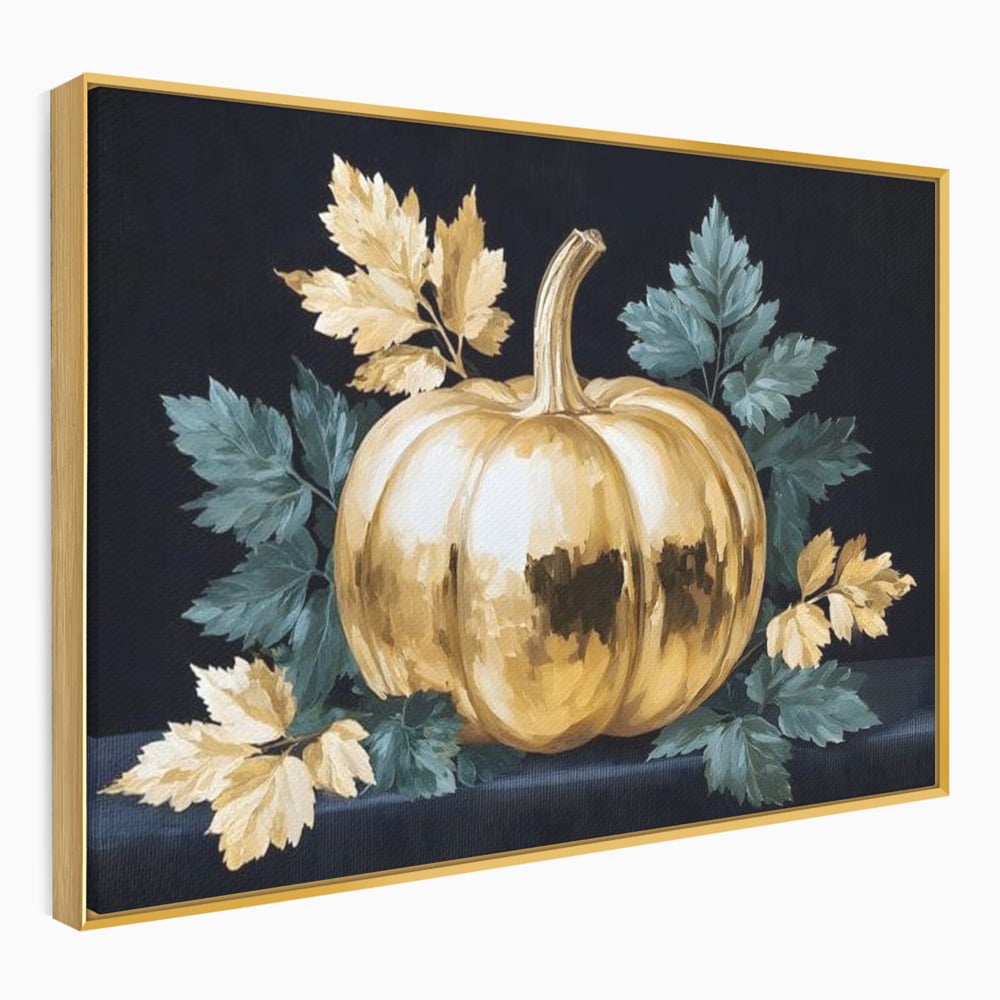Leinwand Premium Canvas Wandkunst, LuxCanva® N1124, Goldener Kürbis, Herbst, Ernte, Blätter, Golden, Kürbis, Luxus, Metallisch, Künstlerisch, Veredelung, Restaurant, Küche