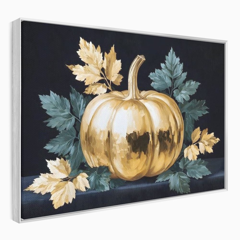 Leinwand Premium Canvas Wandkunst, LuxCanva® N1124, Goldener Kürbis, Herbst, Ernte, Blätter, Golden, Kürbis, Luxus, Metallisch, Künstlerisch, Veredelung, Restaurant, Küche