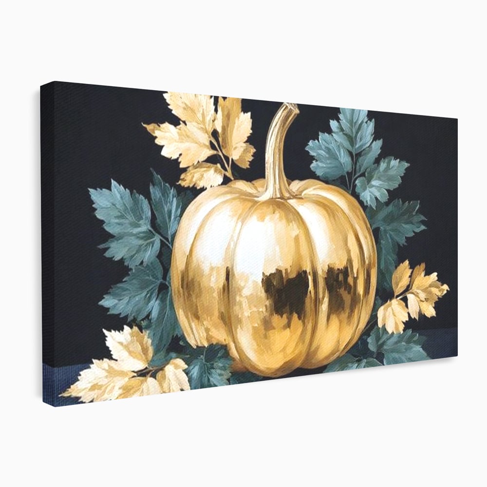 Leinwand Premium Canvas Wandkunst, LuxCanva® N1124, Goldener Kürbis, Herbst, Ernte, Blätter, Golden, Kürbis, Luxus, Metallisch, Künstlerisch, Veredelung, Restaurant, Küche