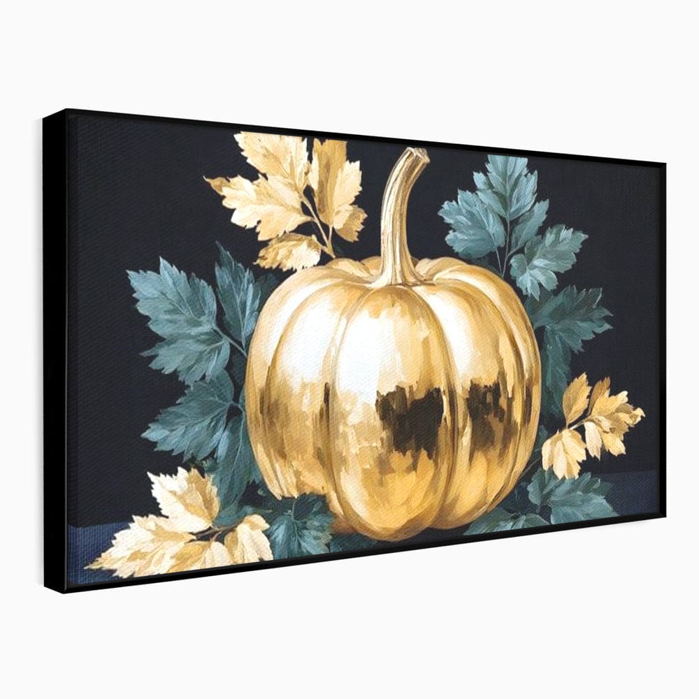 Leinwand Premium Canvas Wandkunst, LuxCanva® N1124, Goldener Kürbis, Herbst, Ernte, Blätter, Golden, Kürbis, Luxus, Metallisch, Künstlerisch, Veredelung, Restaurant, Küche