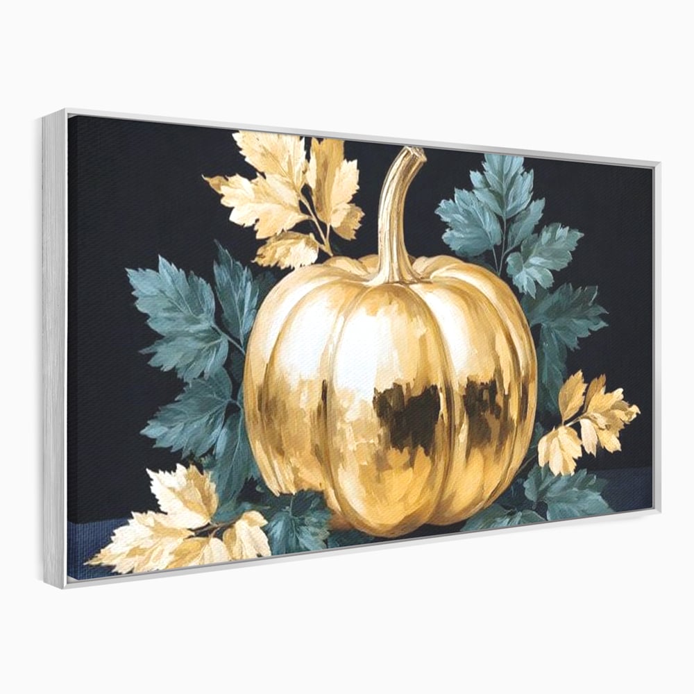 Leinwand Premium Canvas Wandkunst, LuxCanva® N1124, Goldener Kürbis, Herbst, Ernte, Blätter, Golden, Kürbis, Luxus, Metallisch, Künstlerisch, Veredelung, Restaurant, Küche
