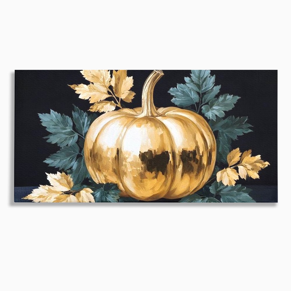 Leinwand Premium Canvas Wandkunst, LuxCanva® N1124, Goldener Kürbis, Herbst, Ernte, Blätter, Golden, Kürbis, Luxus, Metallisch, Künstlerisch, Veredelung, Restaurant, Küche