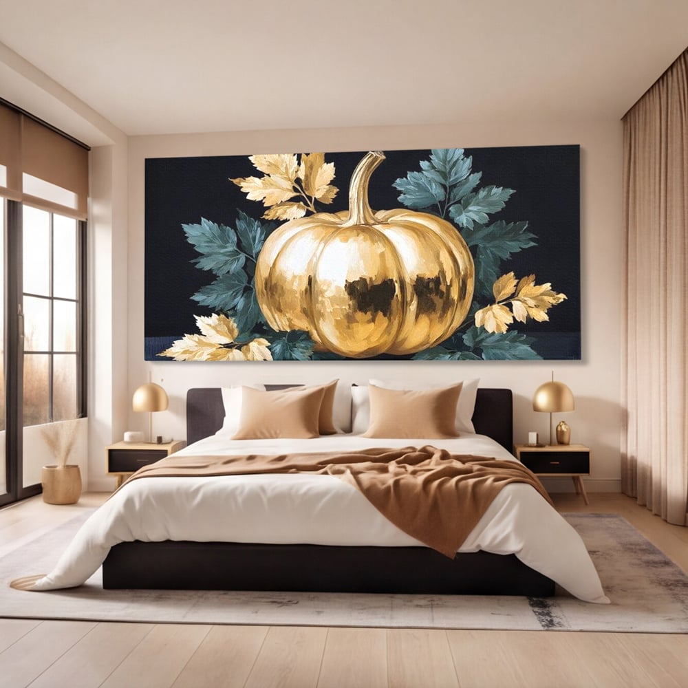 Leinwand Premium Canvas Wandkunst, LuxCanva® N1124, Goldener Kürbis, Herbst, Ernte, Blätter, Golden, Kürbis, Luxus, Metallisch, Künstlerisch, Veredelung, Restaurant, Küche