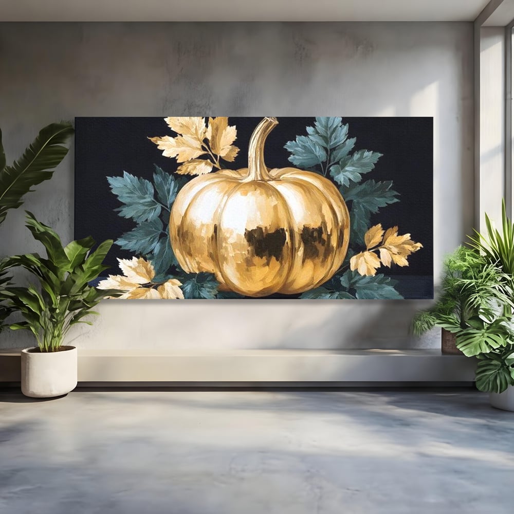 Leinwand Premium Canvas Wandkunst, LuxCanva® N1124, Goldener Kürbis, Herbst, Ernte, Blätter, Golden, Kürbis, Luxus, Metallisch, Künstlerisch, Veredelung, Restaurant, Küche