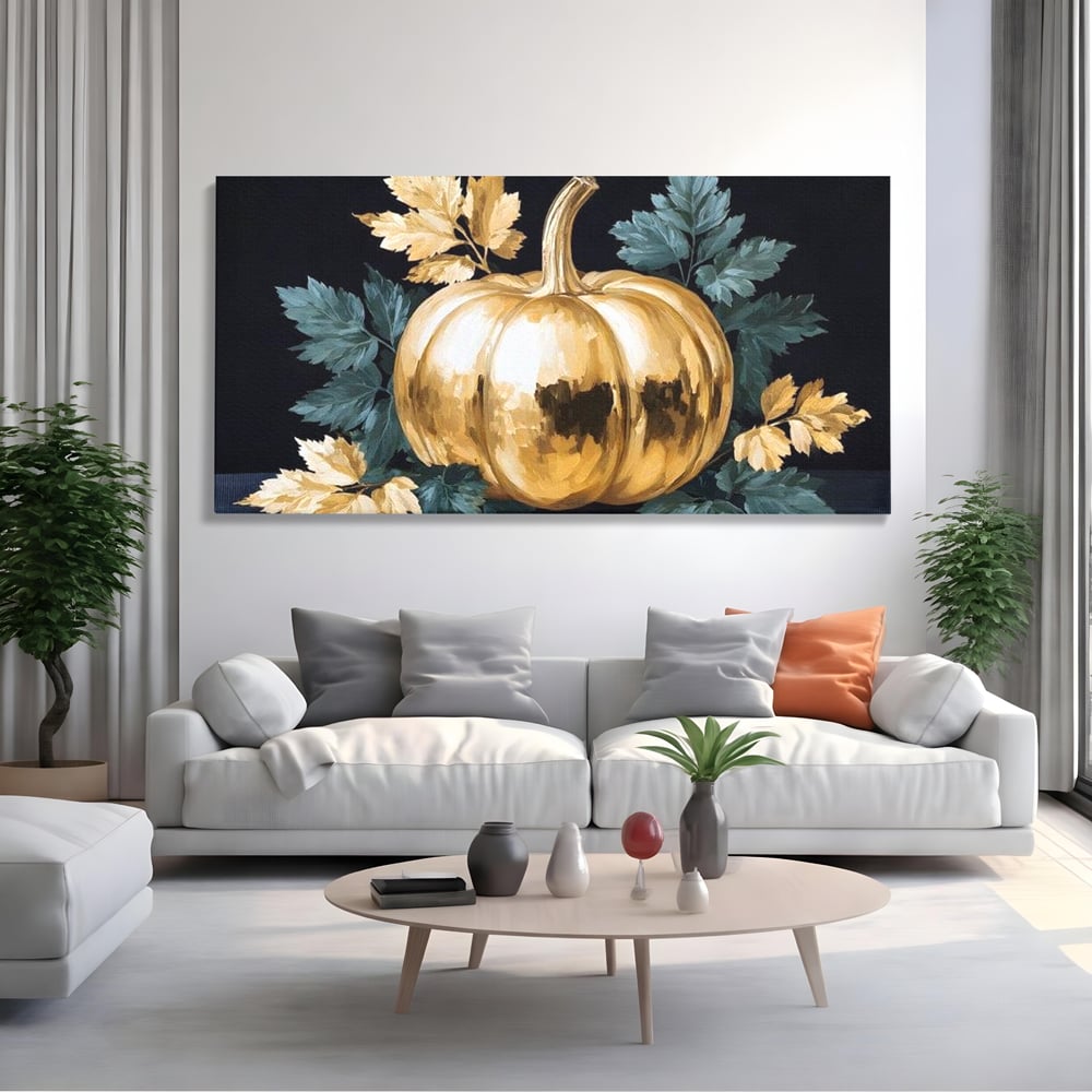Leinwand Premium Canvas Wandkunst, LuxCanva® N1124, Goldener Kürbis, Herbst, Ernte, Blätter, Golden, Kürbis, Luxus, Metallisch, Künstlerisch, Veredelung, Restaurant, Küche