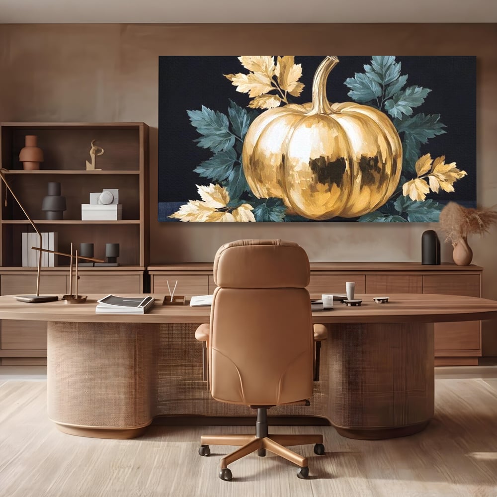 Leinwand Premium Canvas Wandkunst, LuxCanva® N1124, Goldener Kürbis, Herbst, Ernte, Blätter, Golden, Kürbis, Luxus, Metallisch, Künstlerisch, Veredelung, Restaurant, Küche