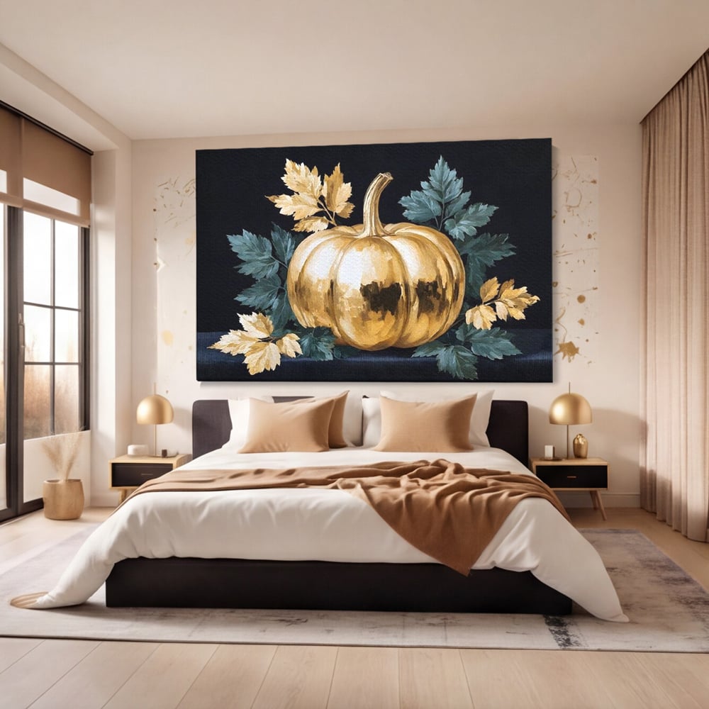Leinwand Premium Canvas Wandkunst, LuxCanva® N1124, Goldener Kürbis, Herbst, Ernte, Blätter, Golden, Kürbis, Luxus, Metallisch, Künstlerisch, Veredelung, Restaurant, Küche