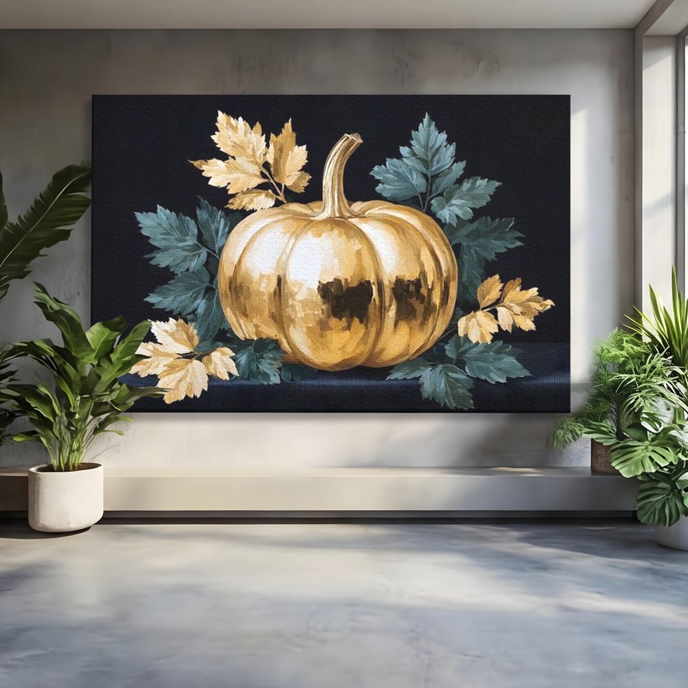 Leinwand Premium Canvas Wandkunst, LuxCanva® N1124, Goldener Kürbis, Herbst, Ernte, Blätter, Golden, Kürbis, Luxus, Metallisch, Künstlerisch, Veredelung, Restaurant, Küche