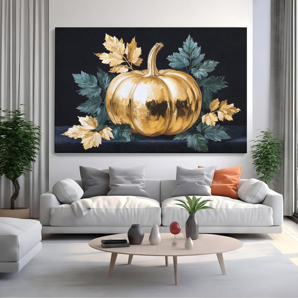 Leinwand Premium Canvas Wandkunst, LuxCanva® N1124, Goldener Kürbis, Herbst, Ernte, Blätter, Golden, Kürbis, Luxus, Metallisch, Künstlerisch, Veredelung, Restaurant, Küche