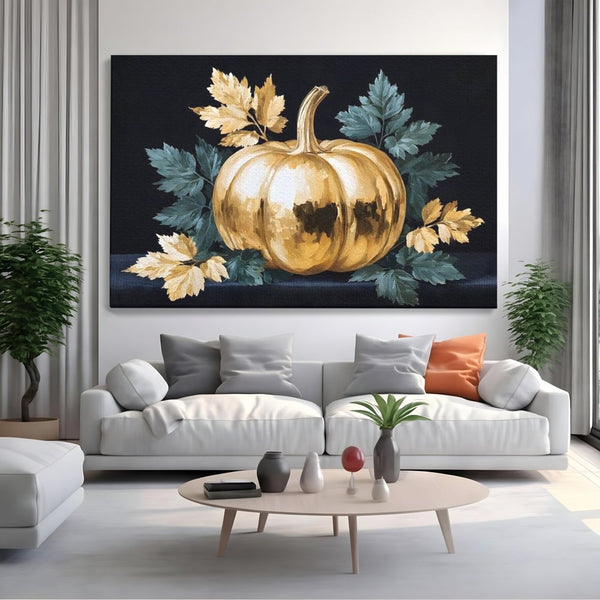 Leinwand Premium Canvas Wandkunst, LuxCanva® N1124, Goldener Kürbis, Herbst, Ernte, Blätter, Golden, Kürbis, Luxus, Metallisch, Künstlerisch, Veredelung, Restaurant, Küche