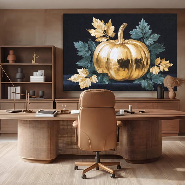 Leinwand Premium Canvas Wandkunst, LuxCanva® N1124, Goldener Kürbis, Herbst, Ernte, Blätter, Golden, Kürbis, Luxus, Metallisch, Künstlerisch, Veredelung, Restaurant, Küche