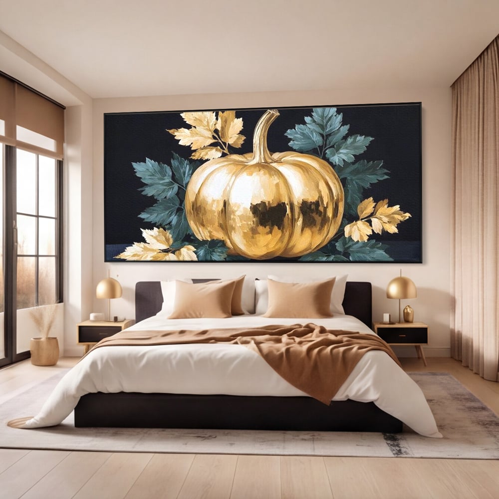 Leinwand Premium Canvas Wandkunst, LuxCanva® N1124, Goldener Kürbis, Herbst, Ernte, Blätter, Golden, Kürbis, Luxus, Metallisch, Künstlerisch, Veredelung, Restaurant, Küche