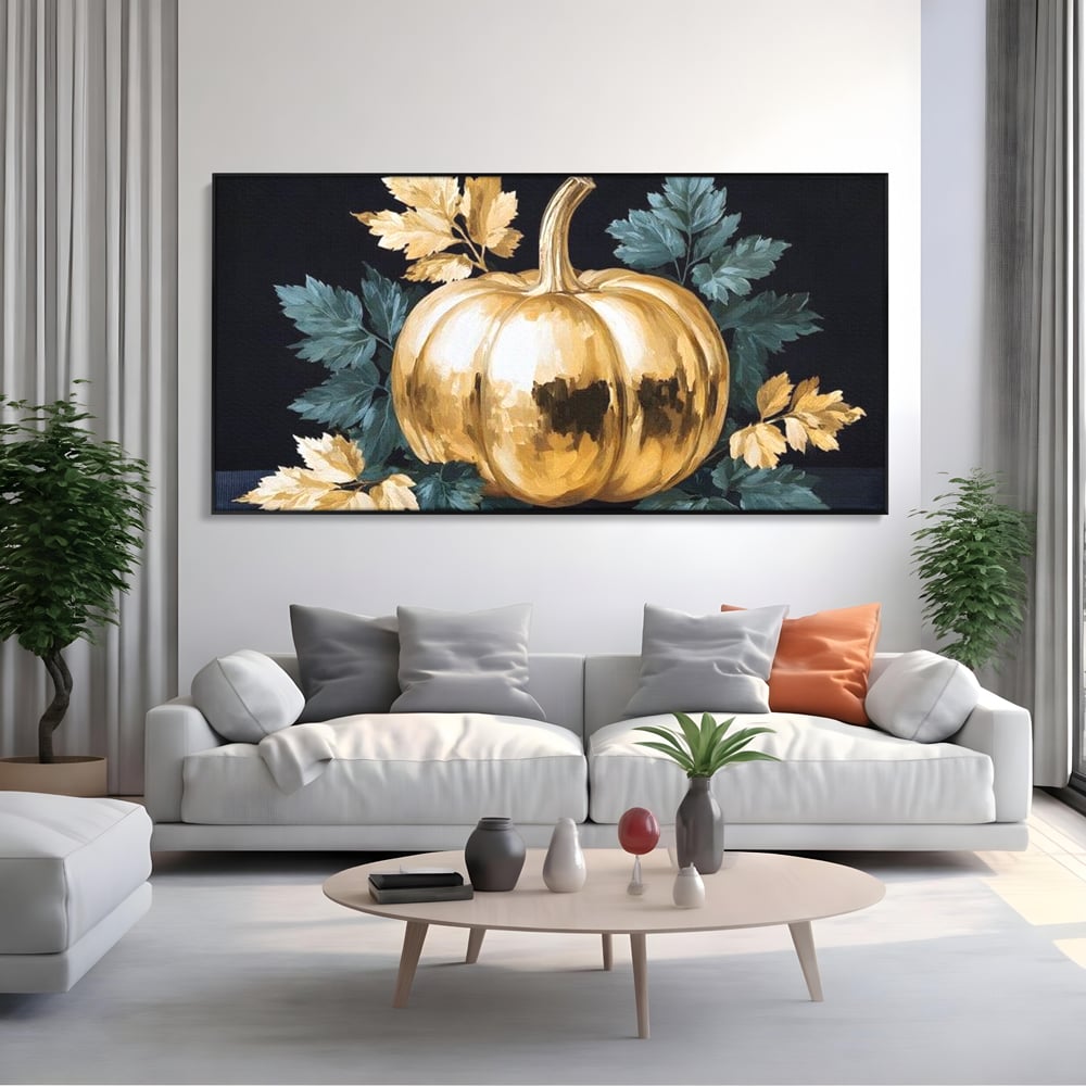 Leinwand Premium Canvas Wandkunst, LuxCanva® N1124, Goldener Kürbis, Herbst, Ernte, Blätter, Golden, Kürbis, Luxus, Metallisch, Künstlerisch, Veredelung, Restaurant, Küche