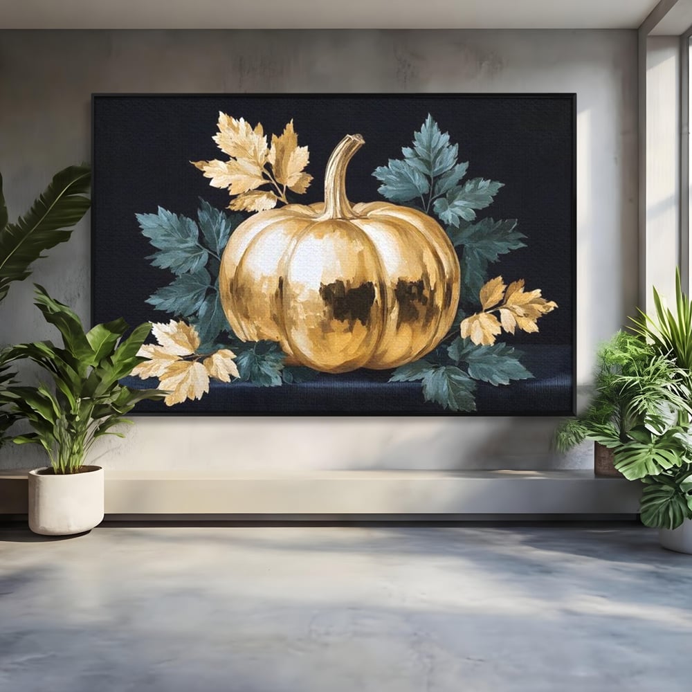Leinwand Premium Canvas Wandkunst, LuxCanva® N1124, Goldener Kürbis, Herbst, Ernte, Blätter, Golden, Kürbis, Luxus, Metallisch, Künstlerisch, Veredelung, Restaurant, Küche